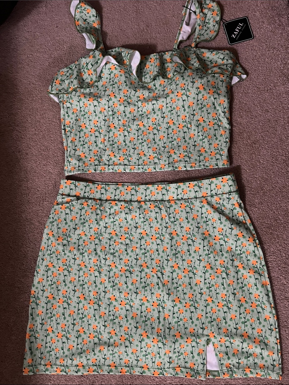ZAFUL Mint Green Floral Ruffle Two-piece swimsuit with Orange Blossoms